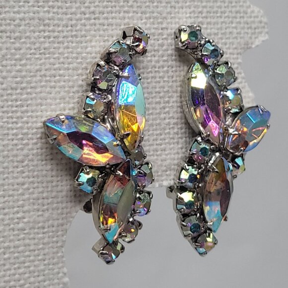 None Jewelry - Vintage Aurora Borealis Rhinestone Clip-On Earrings Silver Tone Formal Sparkle